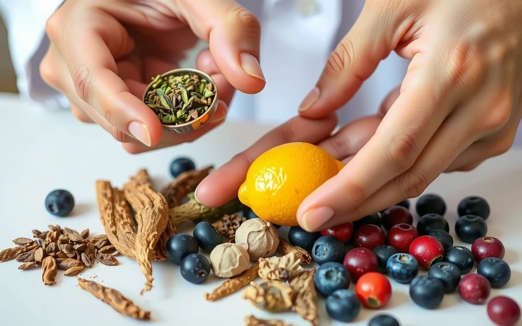 Hands meticulously selecting natural ingredients for health and beauty products