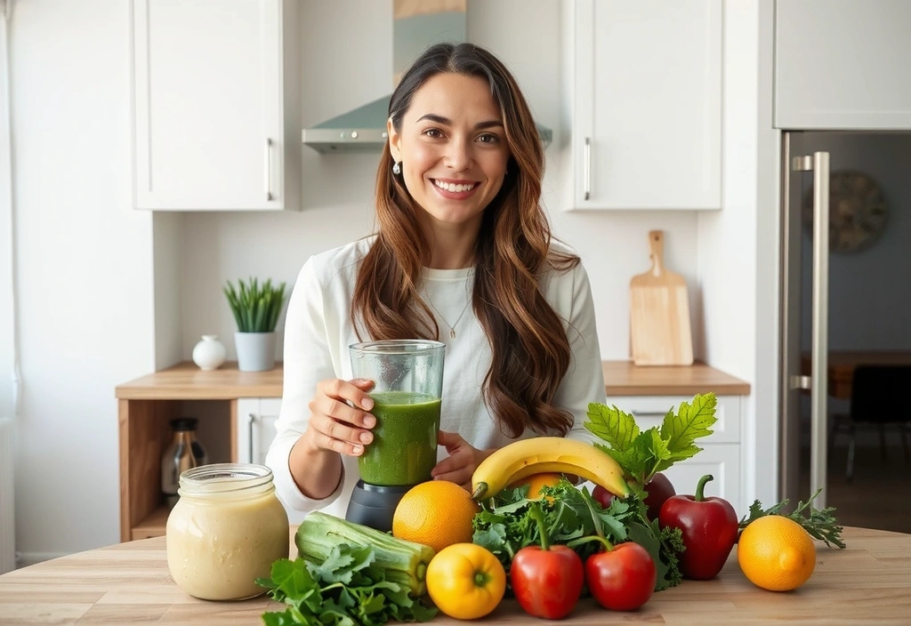 Woman preparing a healthy smoothie with fresh fruits and vegetables, emphasizing nutrition and vitality.