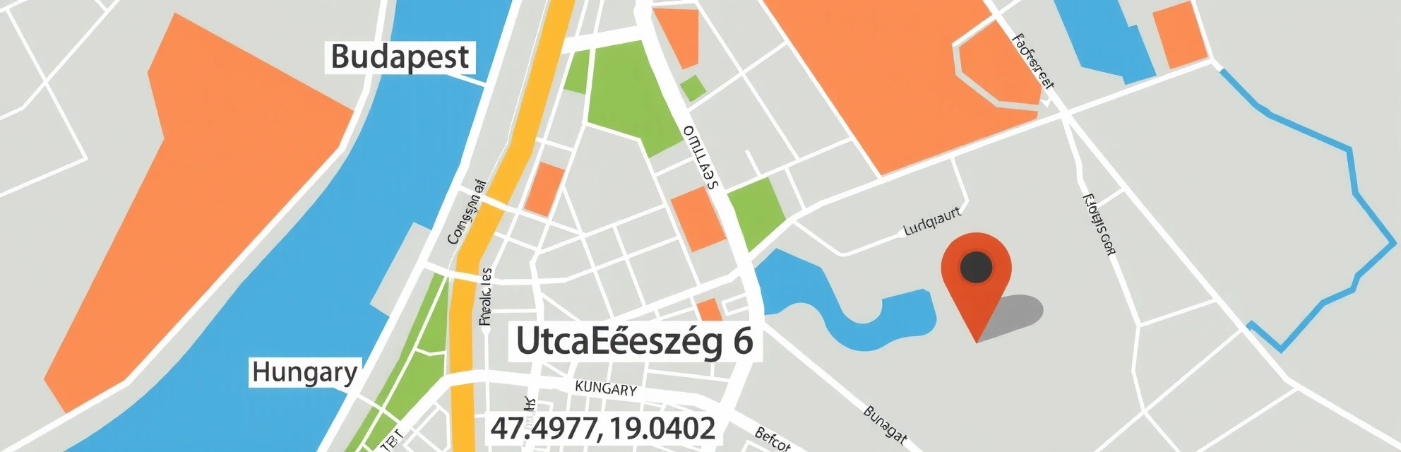Stylized map of Budapest with a pin at Utca Egészség 6