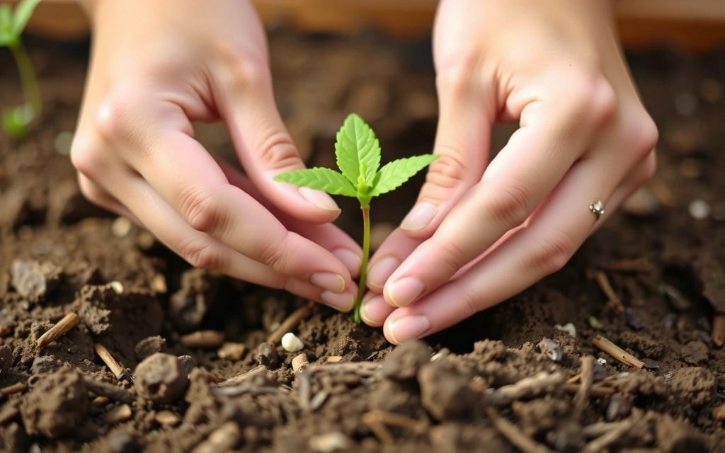 Hands holding a sprouted plant in rich soil, symbolizing growth, nature, and sustainability