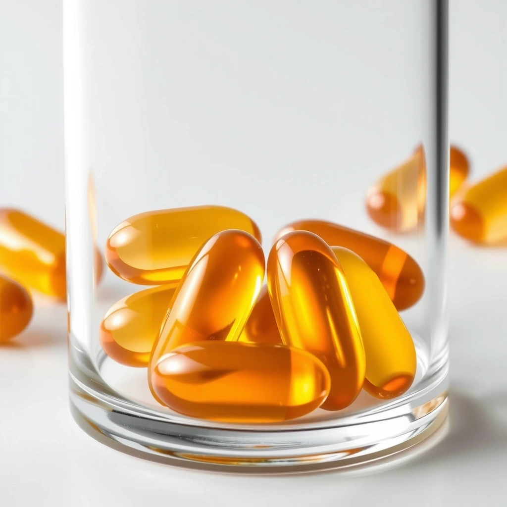 Close-up of Omega-3 softgels in a glass bottle, showing their golden hue and smooth texture, with a blurred healthy background.