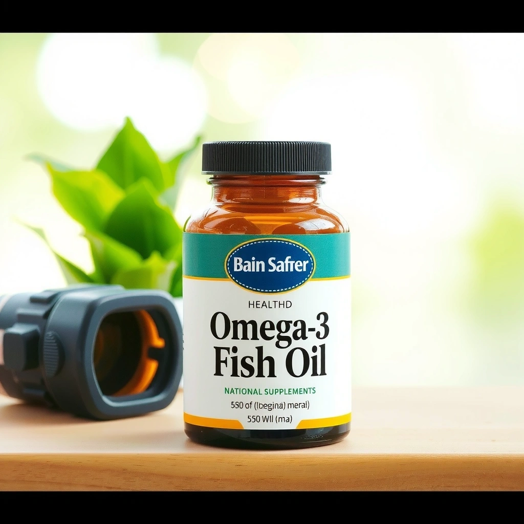 Vibrant bottle of Omega-3 Fish Oil supplements, clearly displaying nutritional information and a healthy glow effect.
